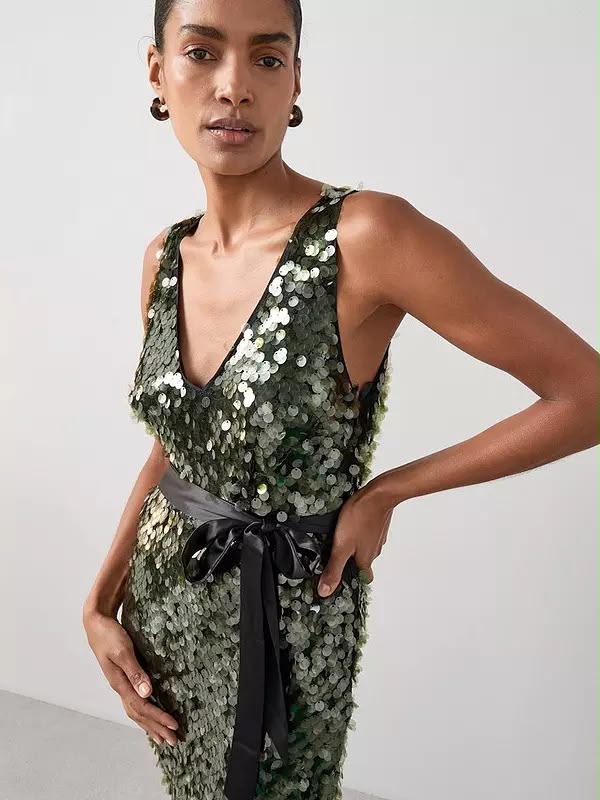 Sequin Disc Belted Maxi Dress Green