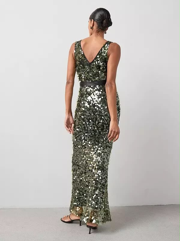 Sequin Disc Belted Maxi Dress Green