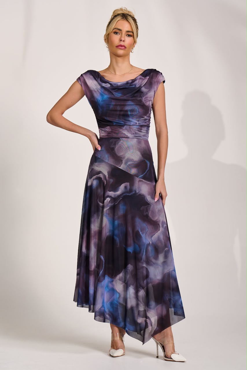 Asymmetrical Draped Mesh Maxi Dress