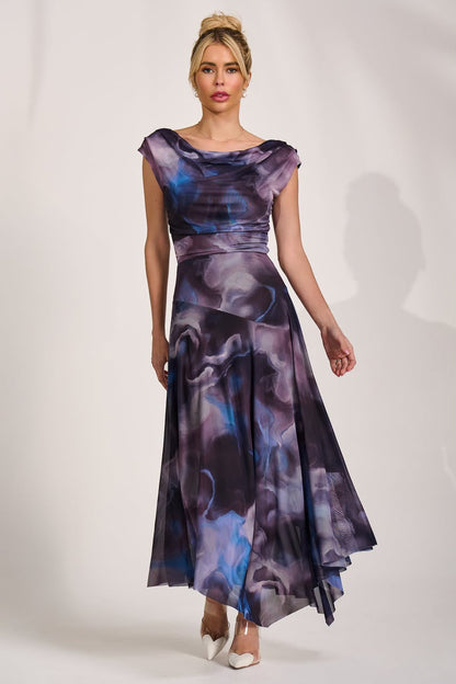 Asymmetrical Draped Mesh Maxi Dress