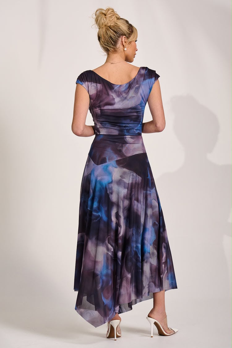 Asymmetrical Draped Mesh Maxi Dress