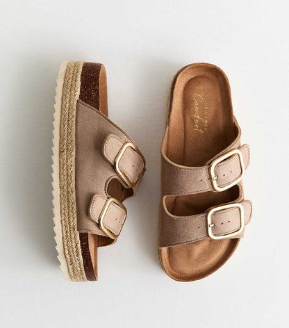 Light Brown Jute Sole Double Strap Mule Sandals
