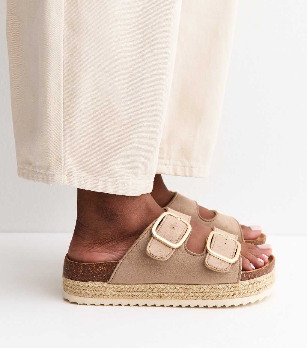Light Brown Jute Sole Double Strap Mule Sandals