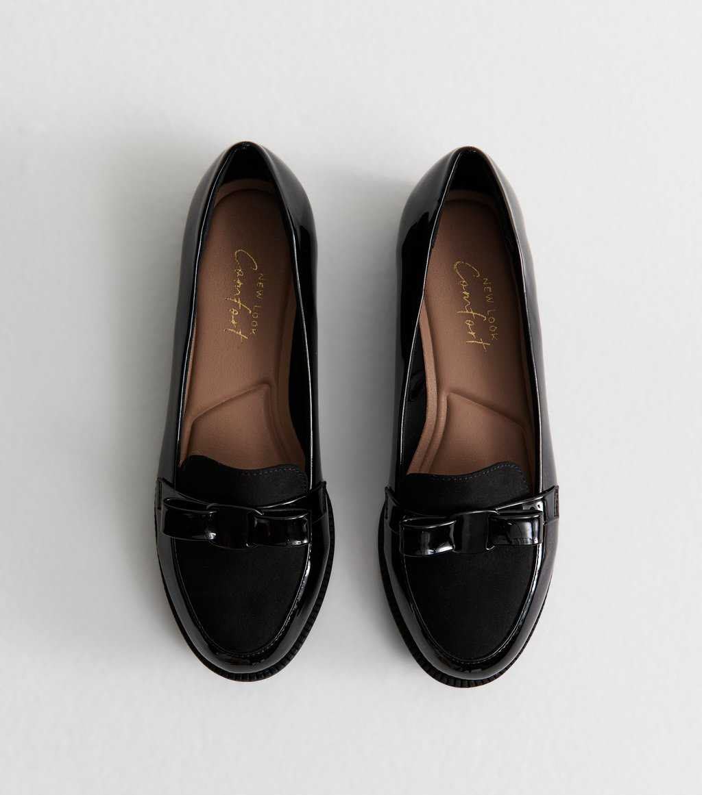 Wide Fit Black Patent Faux Leather Bow Detail Loafers