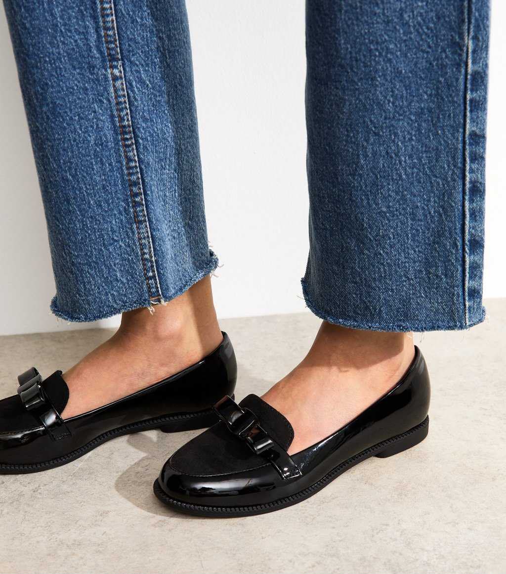 Wide Fit Black Patent Faux Leather Bow Detail Loafers