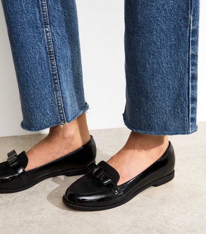 Wide Fit Black Patent Faux Leather Bow Detail Loafers