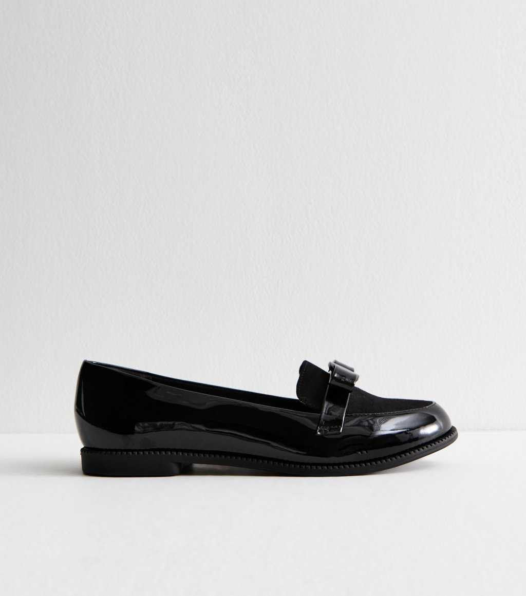 Wide Fit Black Patent Faux Leather Bow Detail Loafers