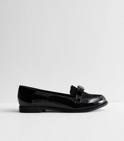 Wide Fit Black Patent Faux Leather Bow Detail Loafers