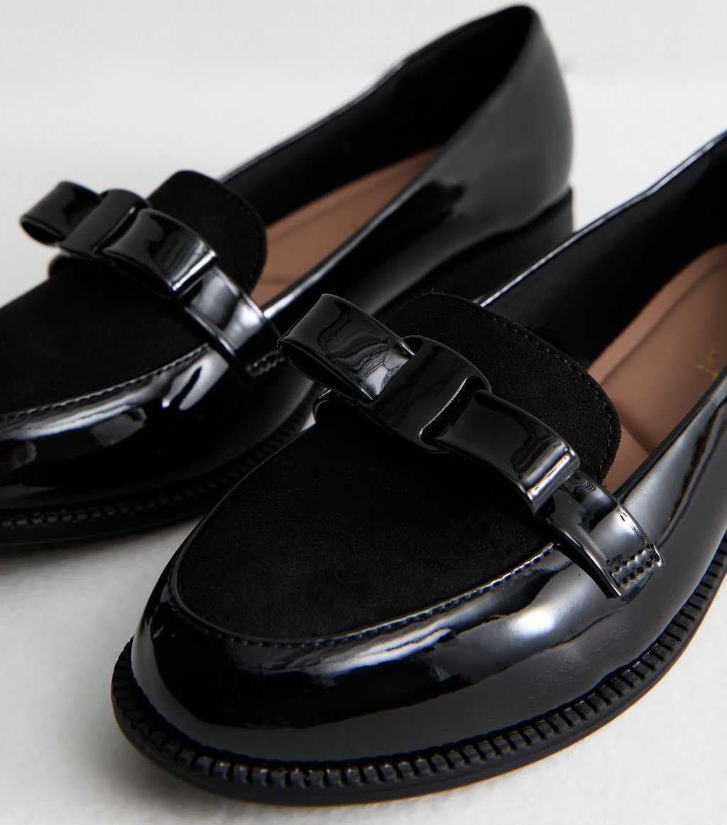 Wide Fit Black Patent Faux Leather Bow Detail Loafers