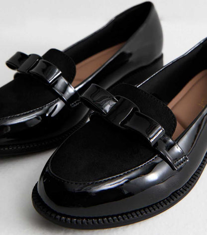 Wide Fit Black Patent Faux Leather Bow Detail Loafers