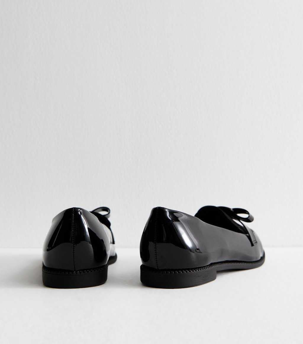 Wide Fit Black Patent Faux Leather Bow Detail Loafers