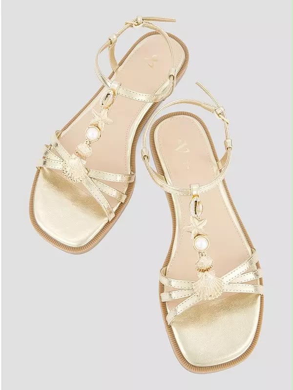 Wide Fit Shell Embellished Flat Sandal Gold