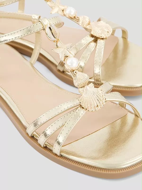 Wide Fit Shell Embellished Flat Sandal Gold
