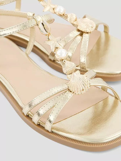 Wide Fit Shell Embellished Flat Sandal Gold