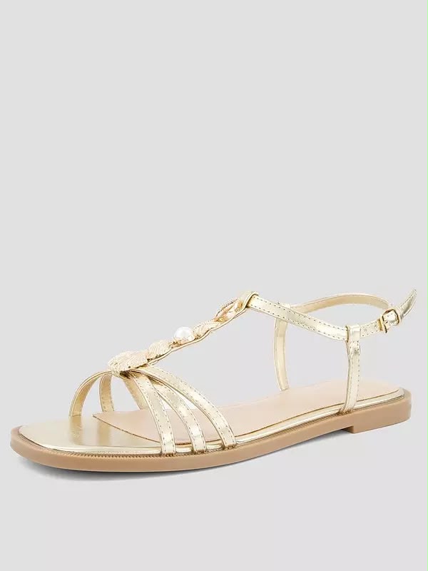 Wide Fit Shell Embellished Flat Sandal Gold