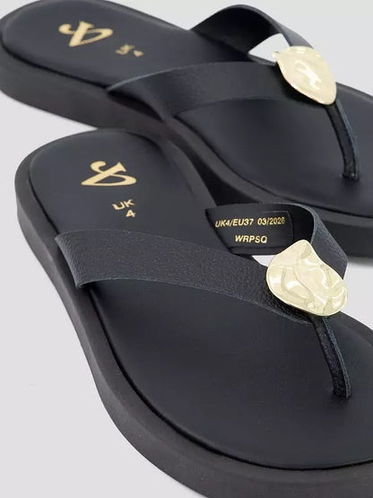 Leather Thong Flat Sandal Black