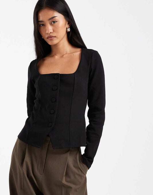 Square Neck Button Long Sleeve Top