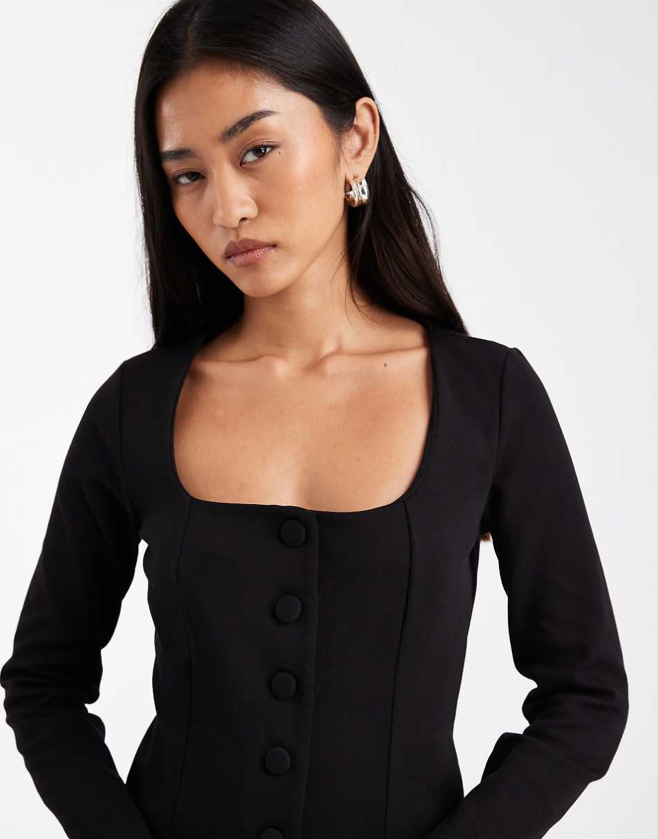 Square Neck Button Long Sleeve Top