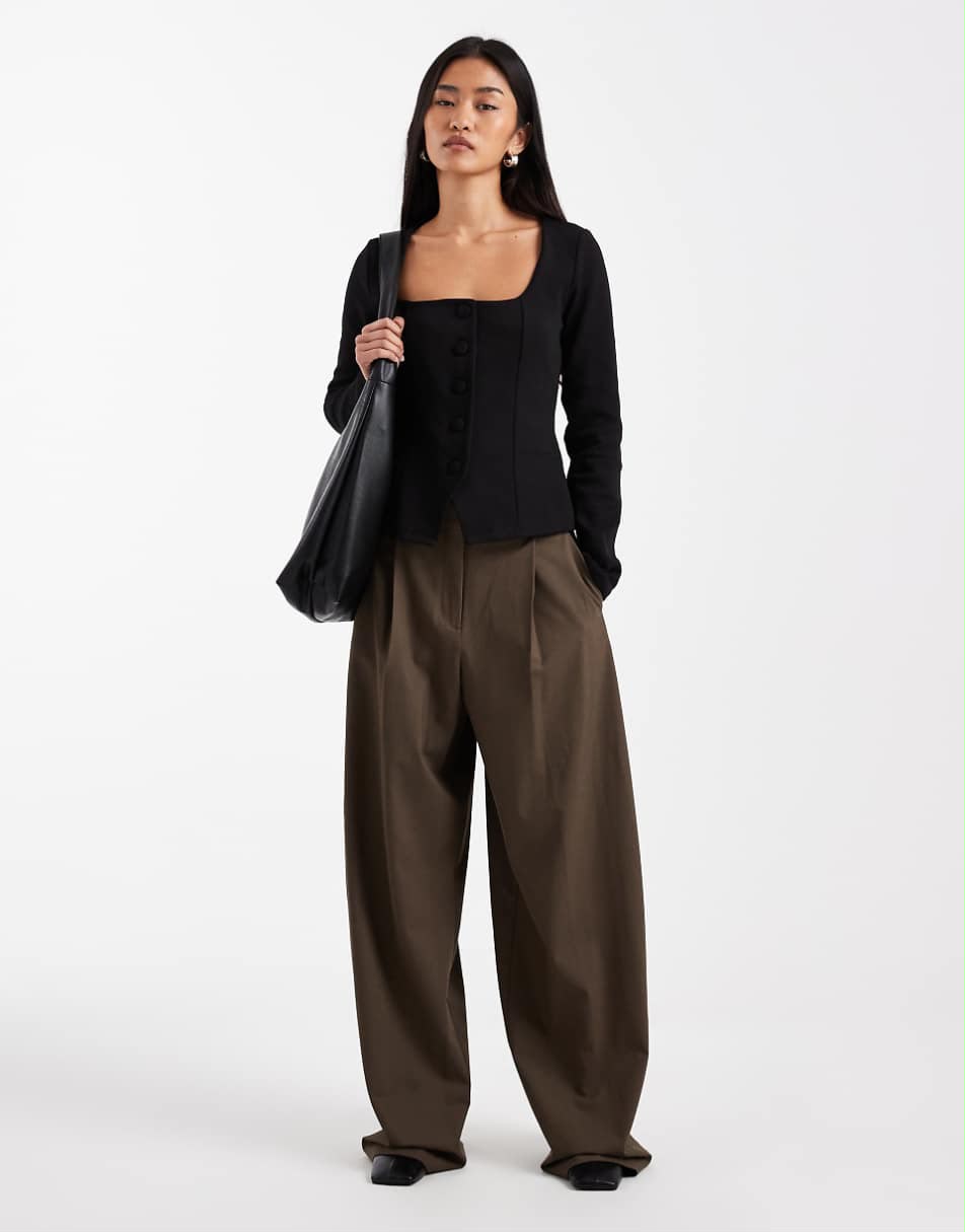 Square Neck Button Long Sleeve Top