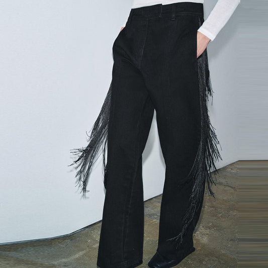 Black Wide Leg Trouser With Long Fringe Cascading Down Seams