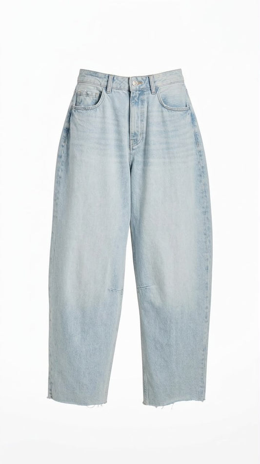 Mid Waist Raw Hem Barrel Leg Jeans Light Blue Wash
