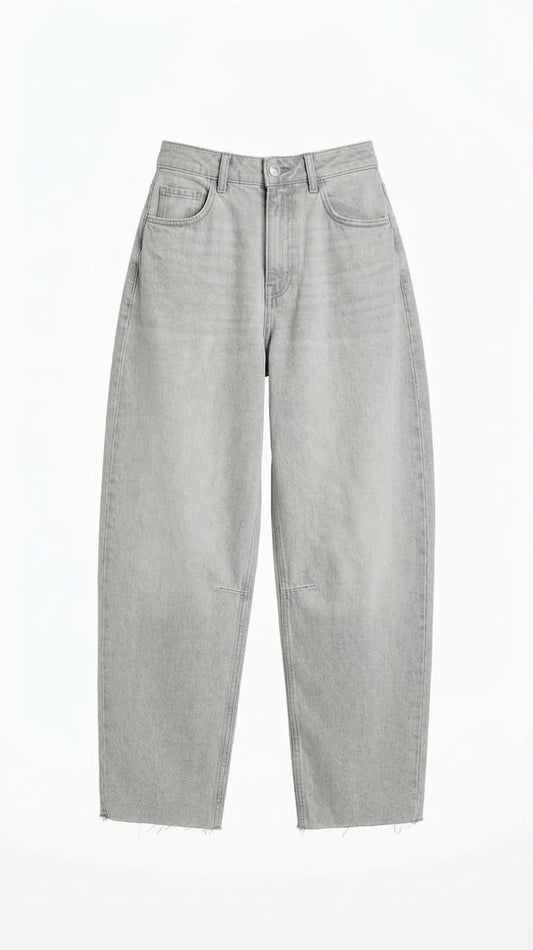 Mid-Waist Raw Hem Barrel Leg Jeans Grey