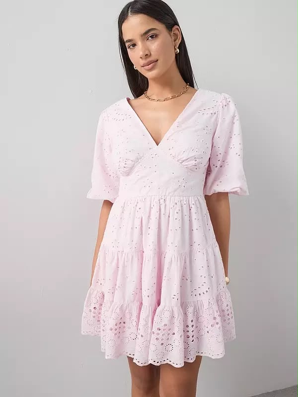 Broderie Puff Sleeve V Neck Mini Dress Pink