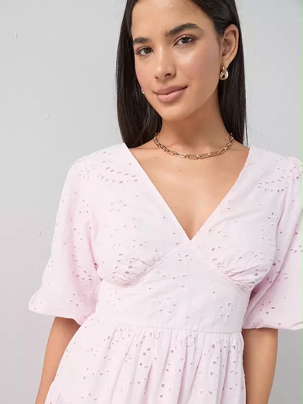 Broderie Puff Sleeve V Neck Mini Dress Pink