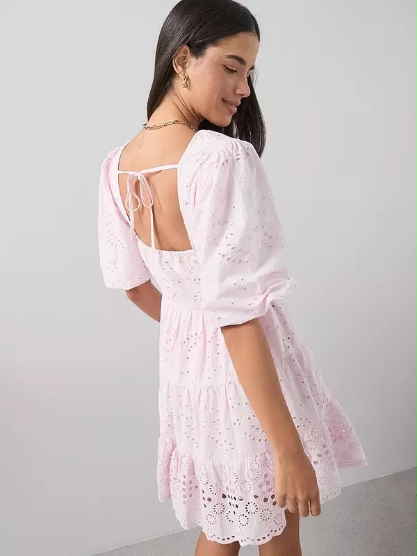 Broderie Puff Sleeve V Neck Mini Dress Pink