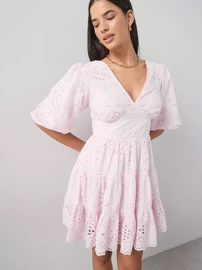 Broderie Puff Sleeve V Neck Mini Dress Pink