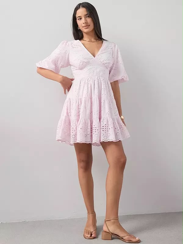 Broderie Puff Sleeve V Neck Mini Dress Pink