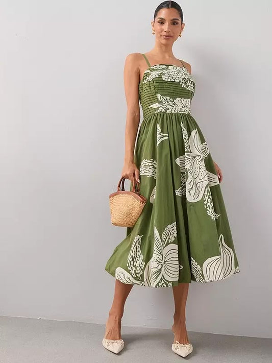 Pintuck Detail Puffball Midi Dress Green