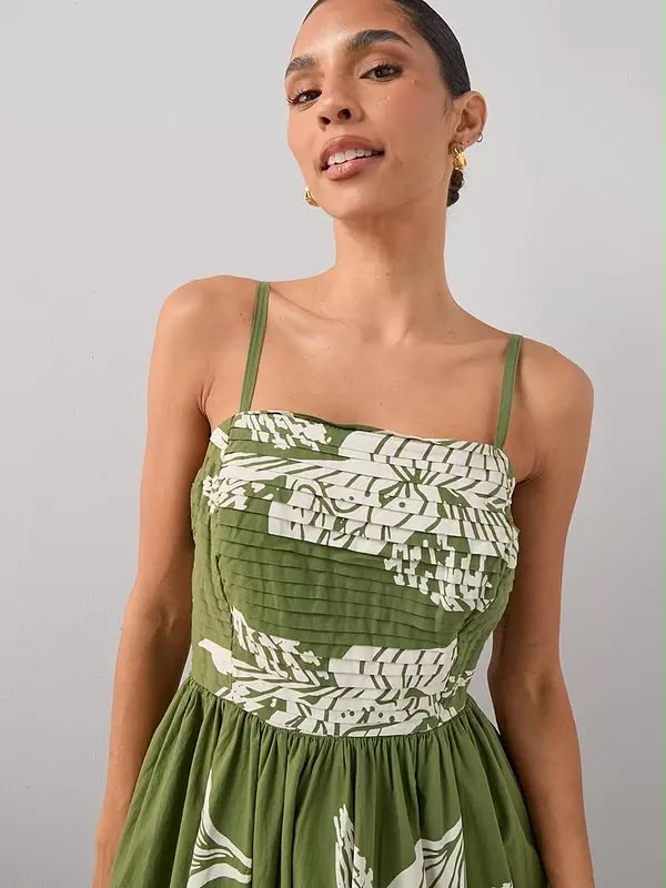 Pintuck Detail Puffball Midi Dress Green
