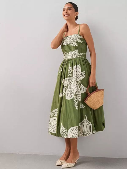 Pintuck Detail Puffball Midi Dress Green