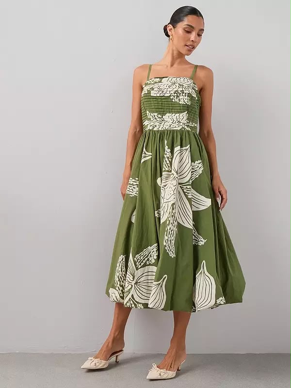 Pintuck Detail Puffball Midi Dress Green