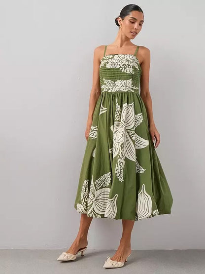 Pintuck Detail Puffball Midi Dress Green