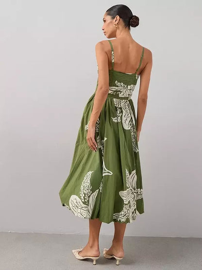 Pintuck Detail Puffball Midi Dress Green