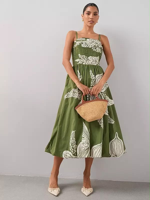 Pintuck Detail Puffball Midi Dress Green