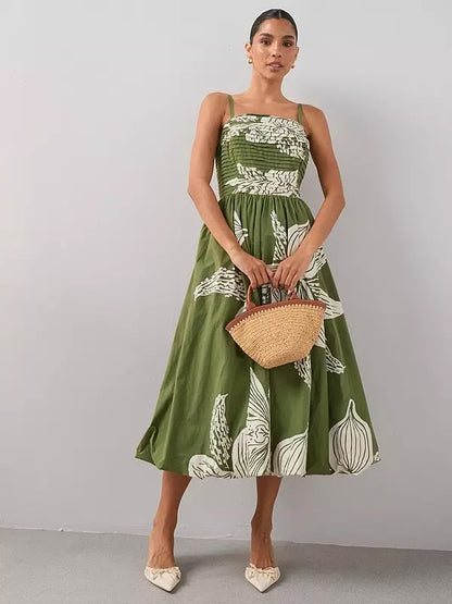 Pintuck Detail Puffball Midi Dress Green