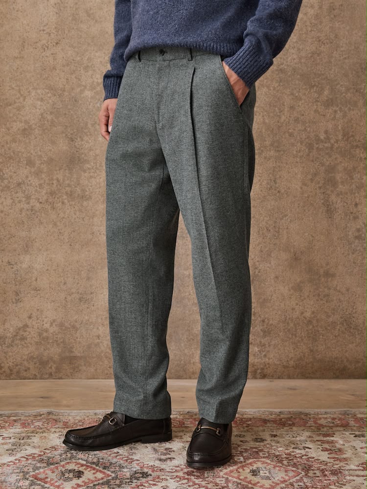 Grey Regular Tapered Fit Smart Textured Trouser With Wool