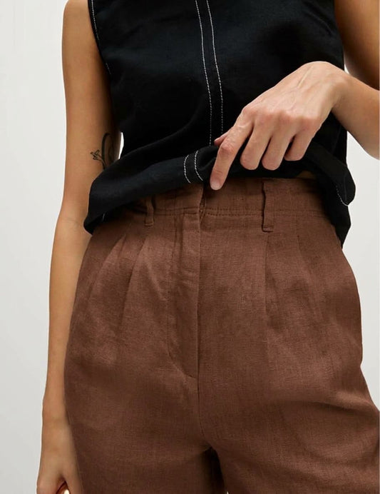 High Waist Pleated Linen Blend Barrel Strong