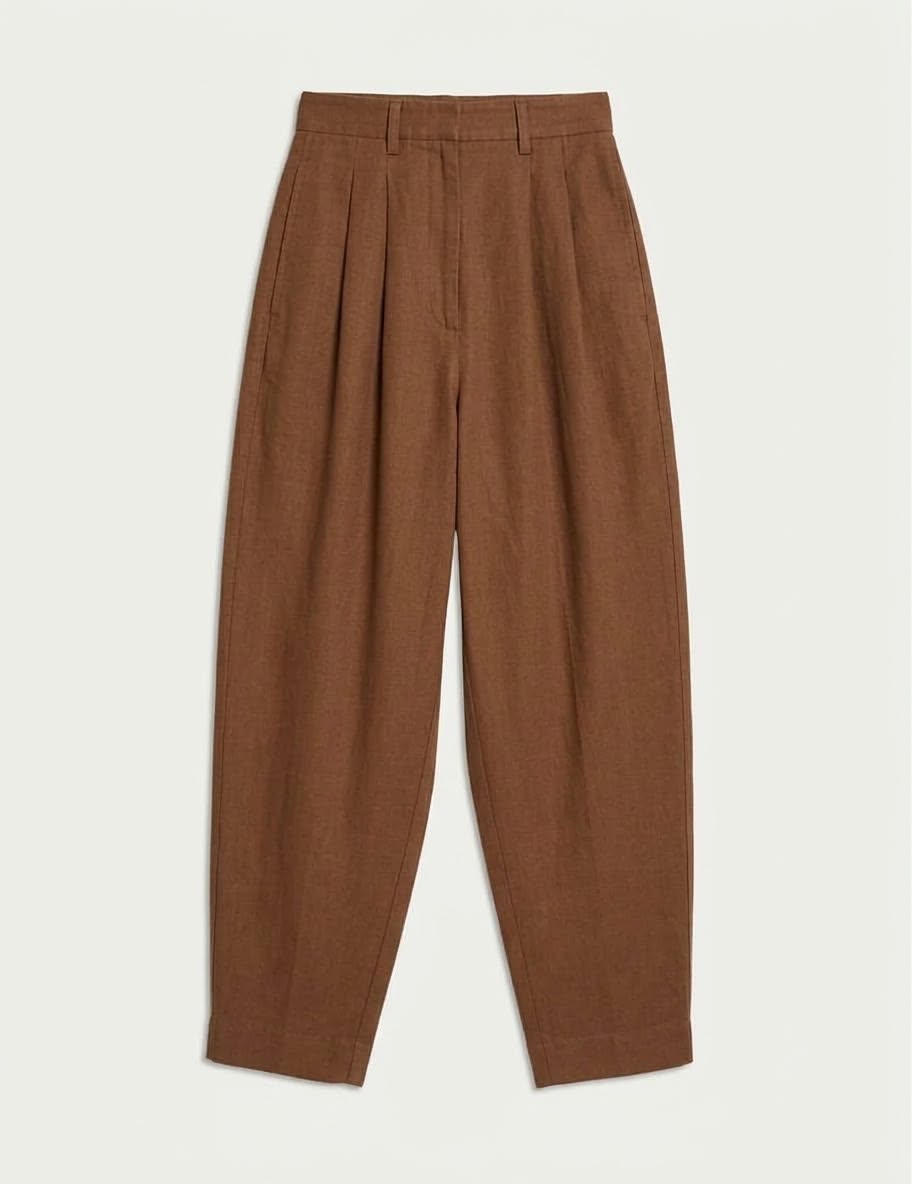 High Waist Pleated Linen Blend Barrel Strong