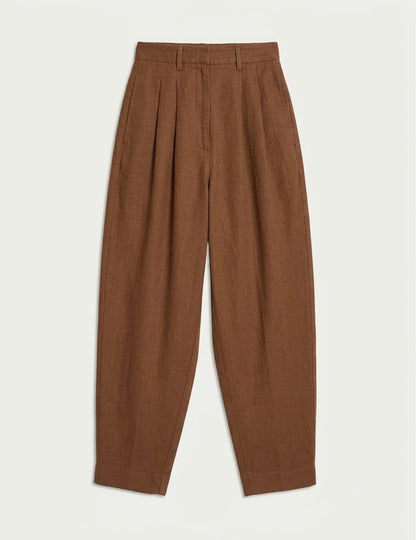 High Waist Pleated Linen Blend Barrel Strong