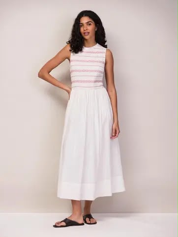 Cotton Blend Sleeveless Frill Neck Midi Dress