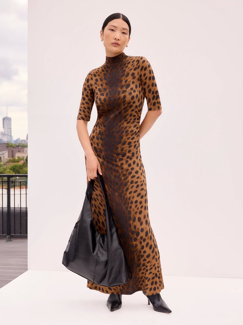 Brown Leopard Print Mock Neck Jersey Dress