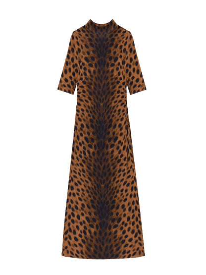 Brown Leopard Print Mock Neck Jersey Dress