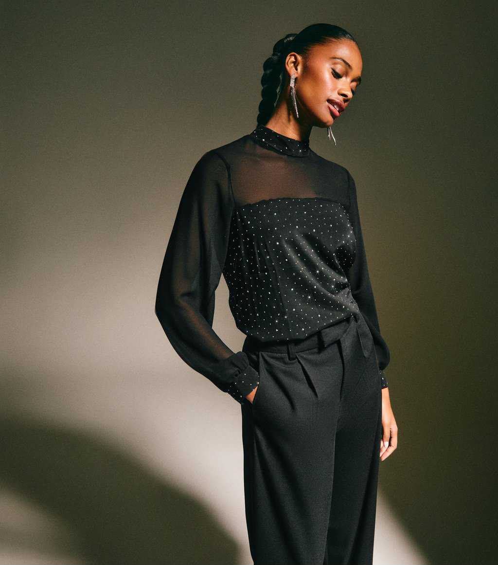 Black Diamante Embellished Panelled Top