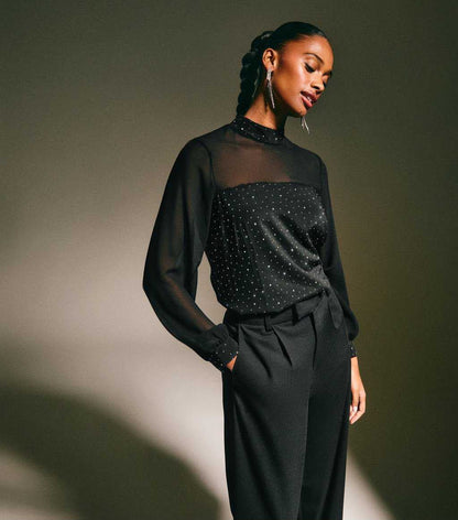 Black Diamante Embellished Panelled Top