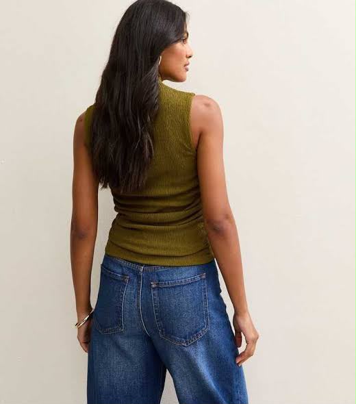 Green Textured Jersey Ruched Tank Top