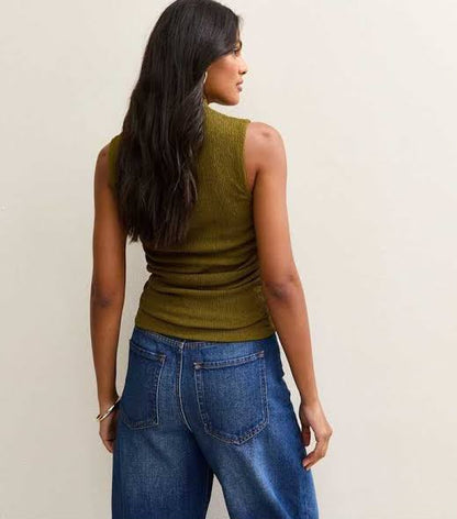 Green Textured Jersey Ruched Tank Top